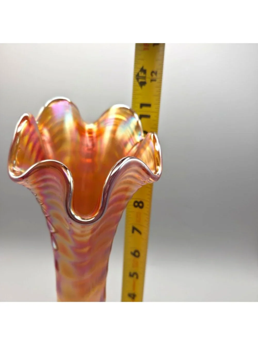 Vintage Imperial Ripple Carnival Glass Vase Ruffled Amber Iridescent Swung 11